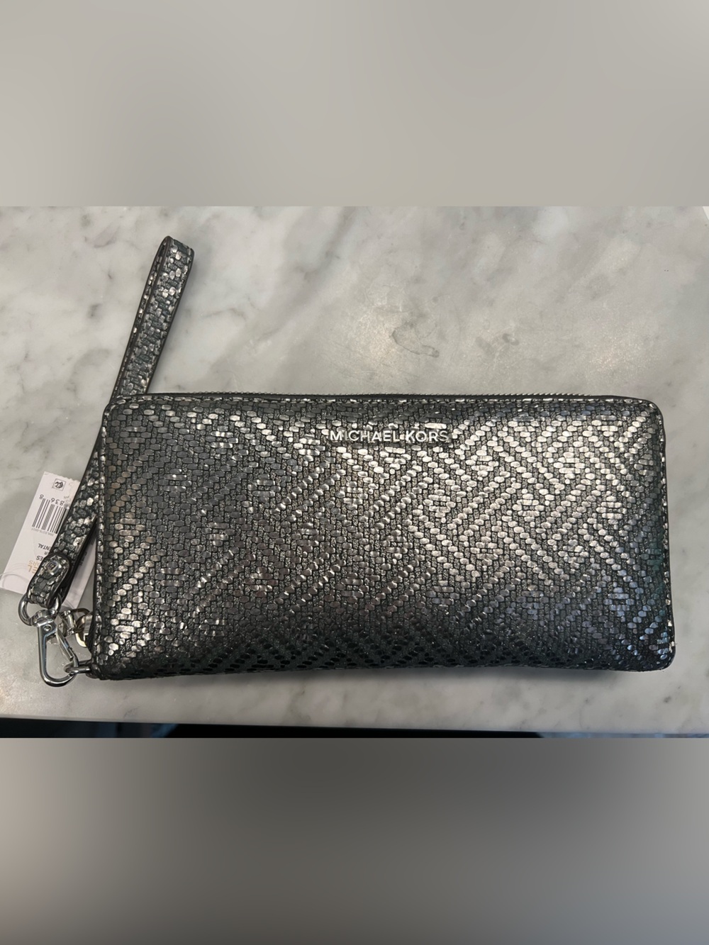 MICHAEL KORS Money Pieces NEW Silver/BlackLeather Continental ZipWallet/Wristlet
